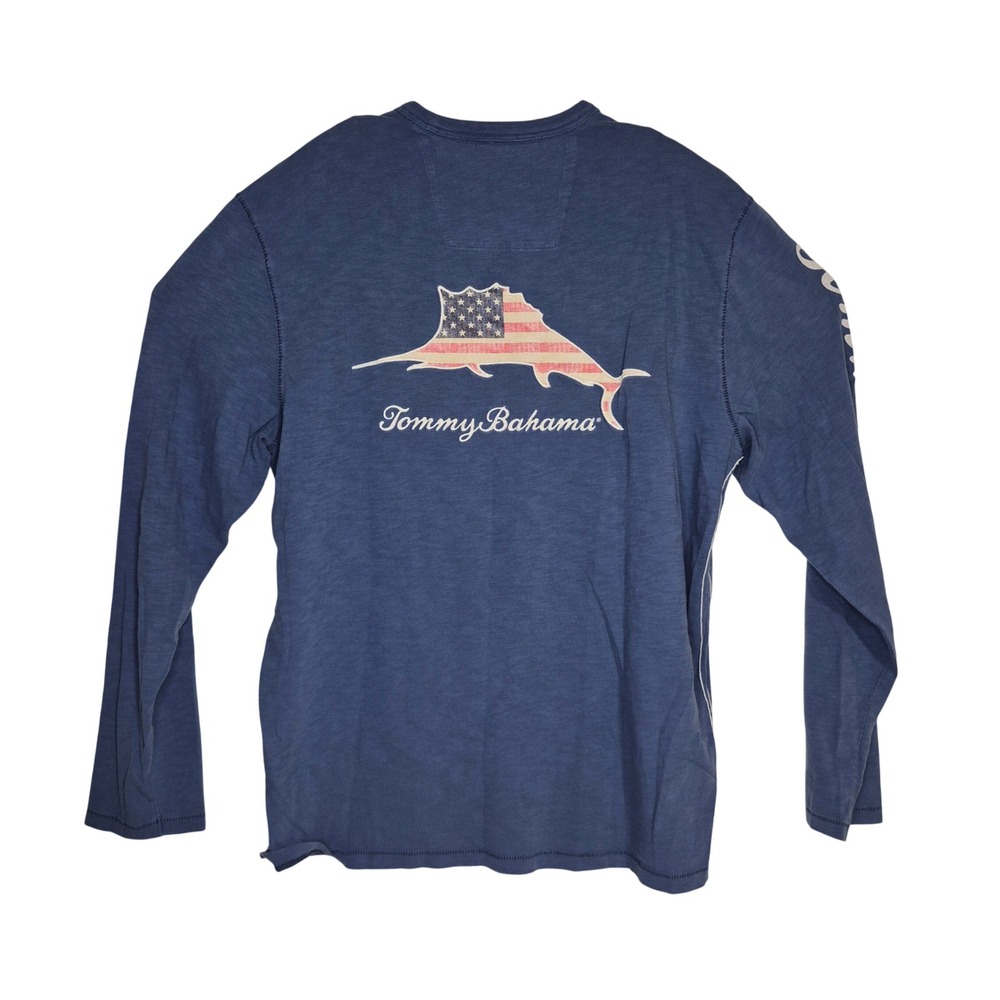 Tommy Bahama Long Sleeve T-Shirt Mens Medium Blue Marlin American Flag Casual